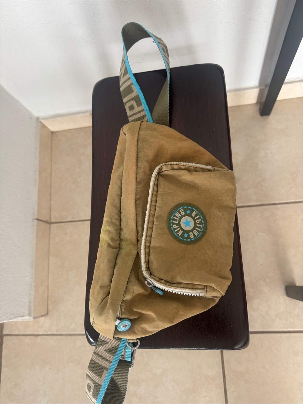 Kipling Olive Green Nylon Belt Bag with Teal Accents